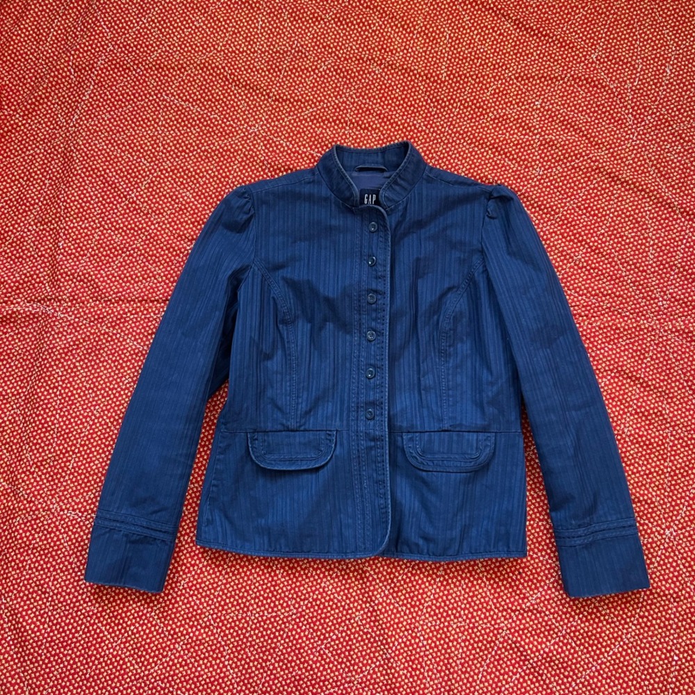 Gap Navy Blue Pinstripe Military napoleon band Style Button Up Jacket Size 16